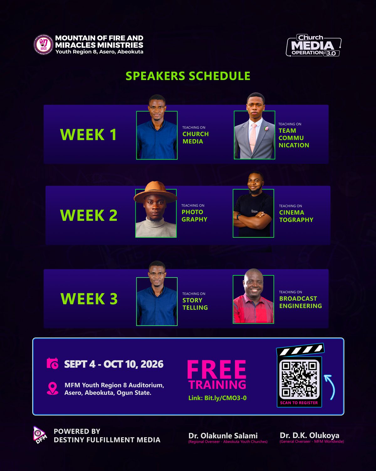 Speakers schedule — Weeks 1 to 3: Church Media, Team Communication, Photography, Cinematography, Storytelling, Broadcast Engineering