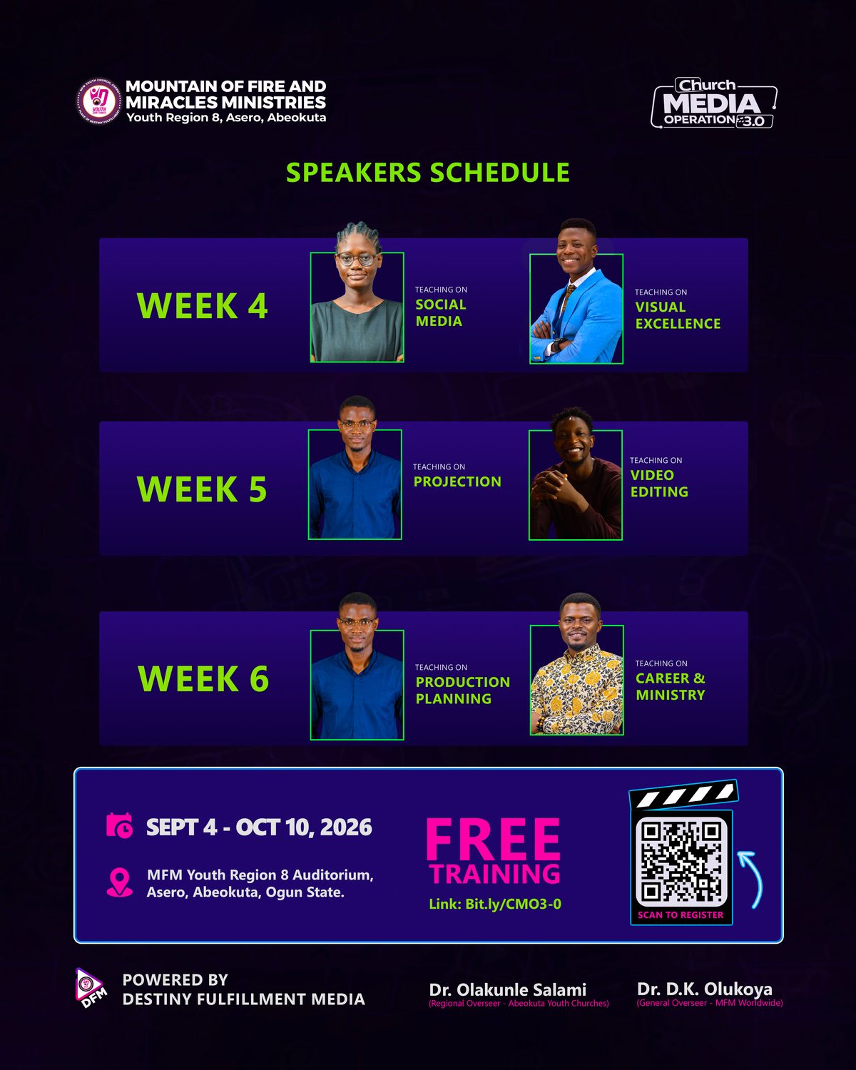 Speakers schedule — Weeks 4 to 6: Social Media, Visual Excellence, Projection, Video Editing, Production Planning, Career and Ministry